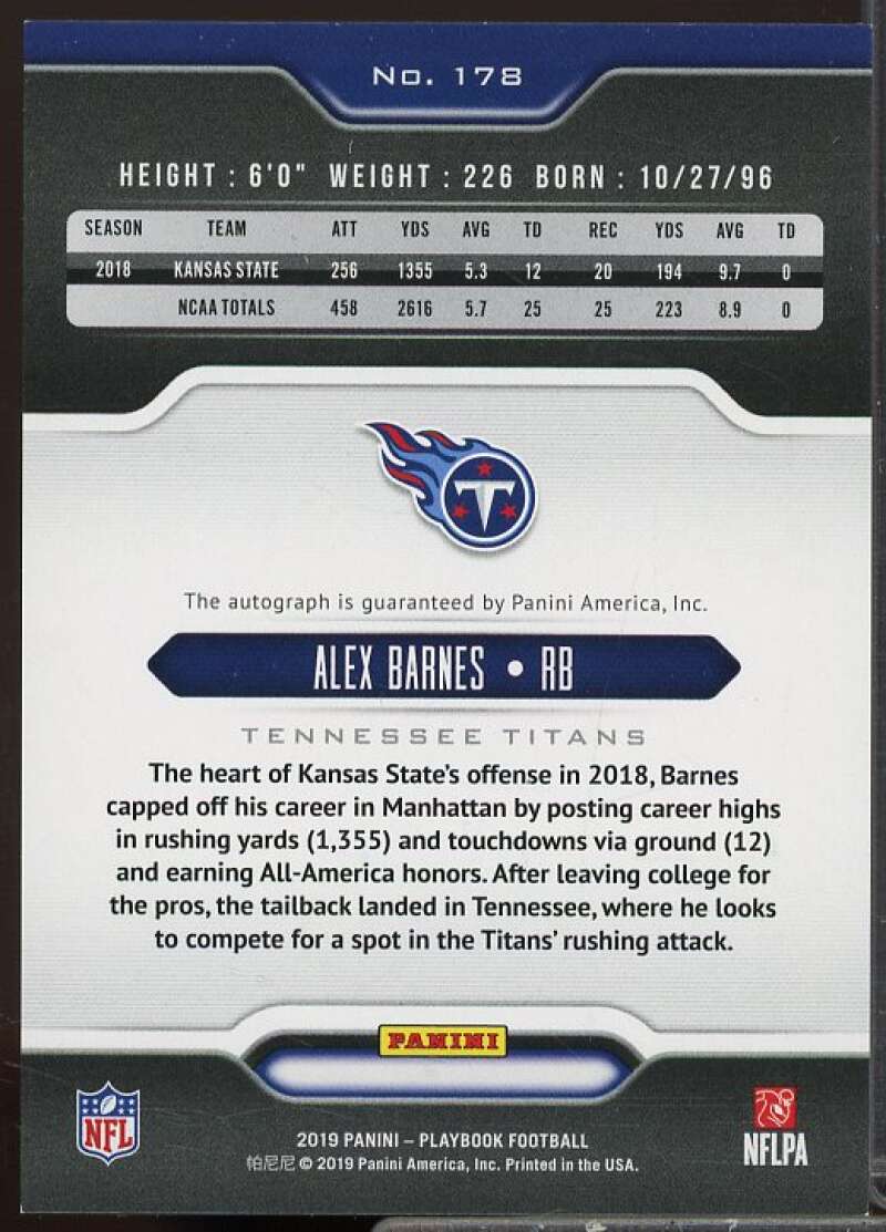 Alex Barnes/75 Rookie Card 2019 Panini Playbook Rookie Signatures Platinum #178  Image 2