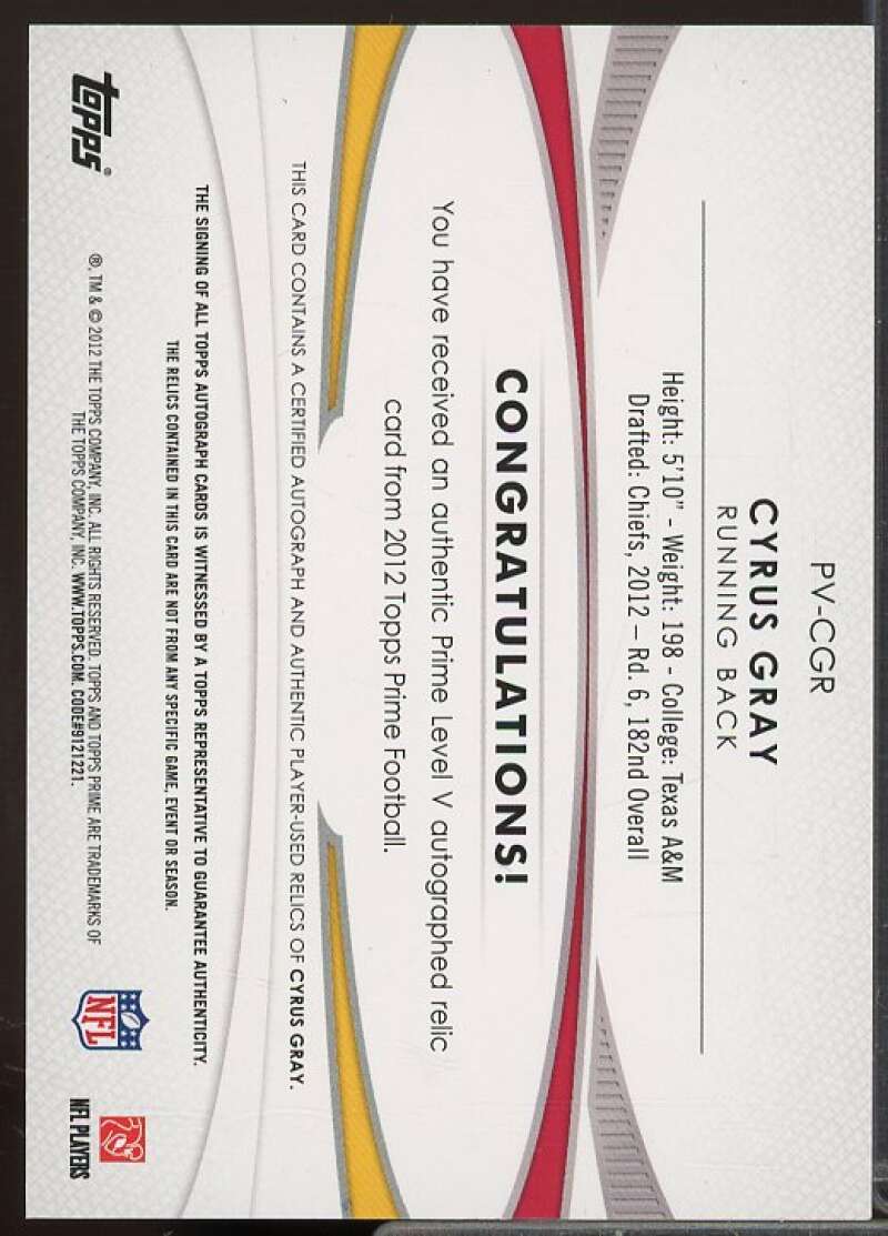 Cyrus Gray/700 Rookie Card 2012 Topps Prime Autographed Relics Level 5 #PVCGR  Image 2