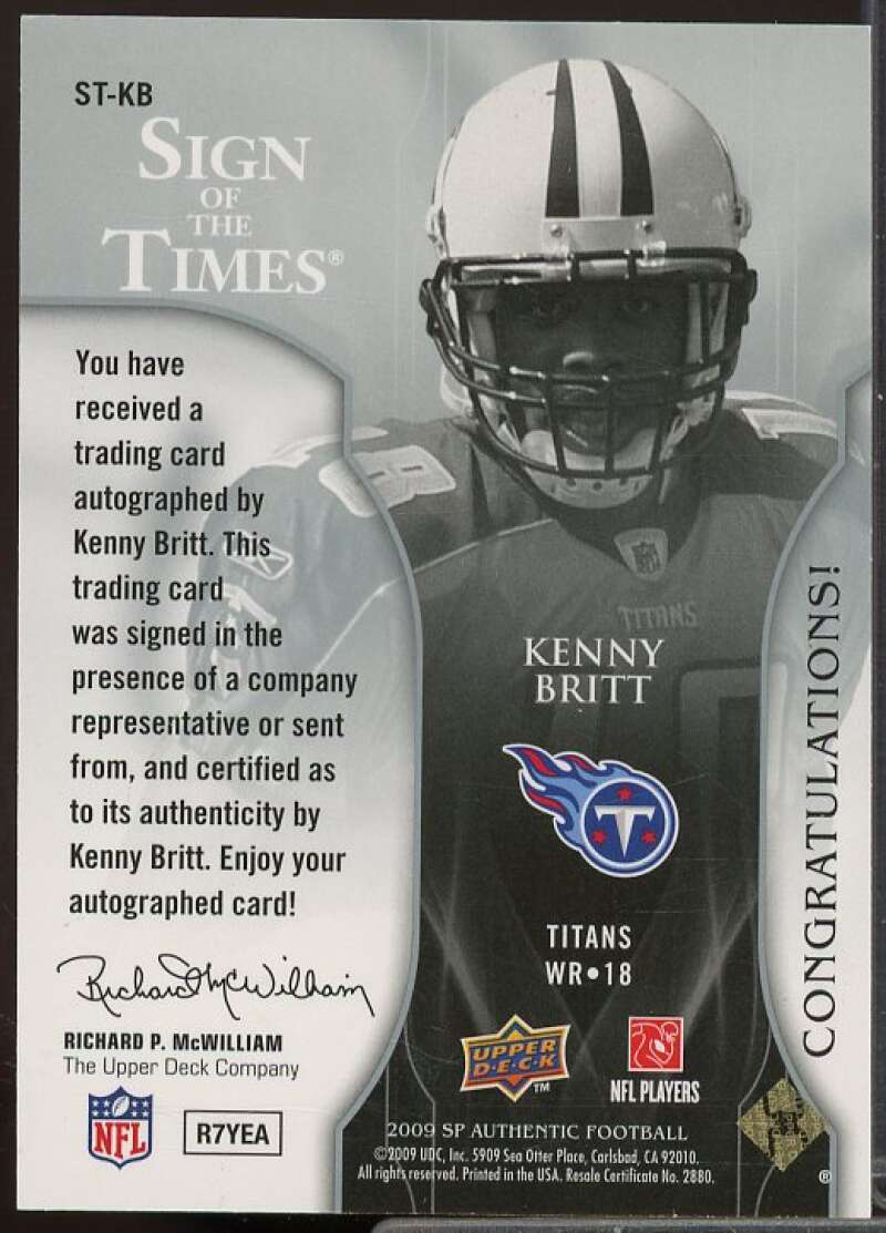 Kenny Britt Rookie Card 2009 SP Authentic Sign of the Times #STKB  Image 2