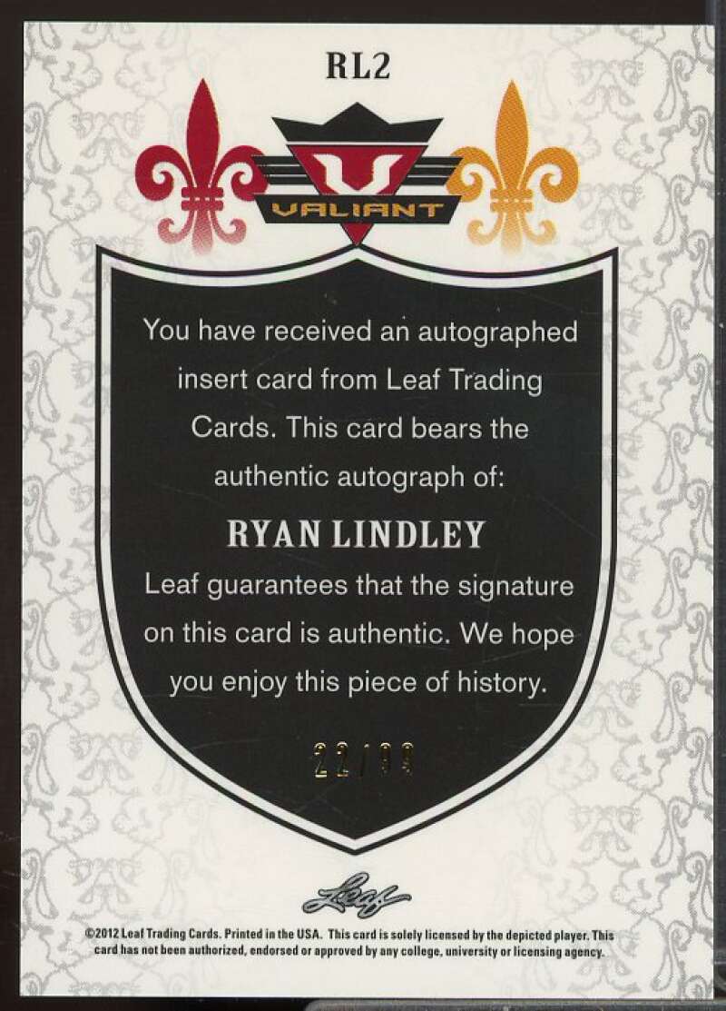 Ryan Lindley Rookie Card 2012 Leaf Valiant Draft Blue #RL2  Image 2