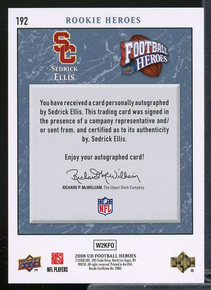 Sedrick Ellis/350 Rookie Card 2008 Upper Deck Heroes Autographs Blue #192  Image 2