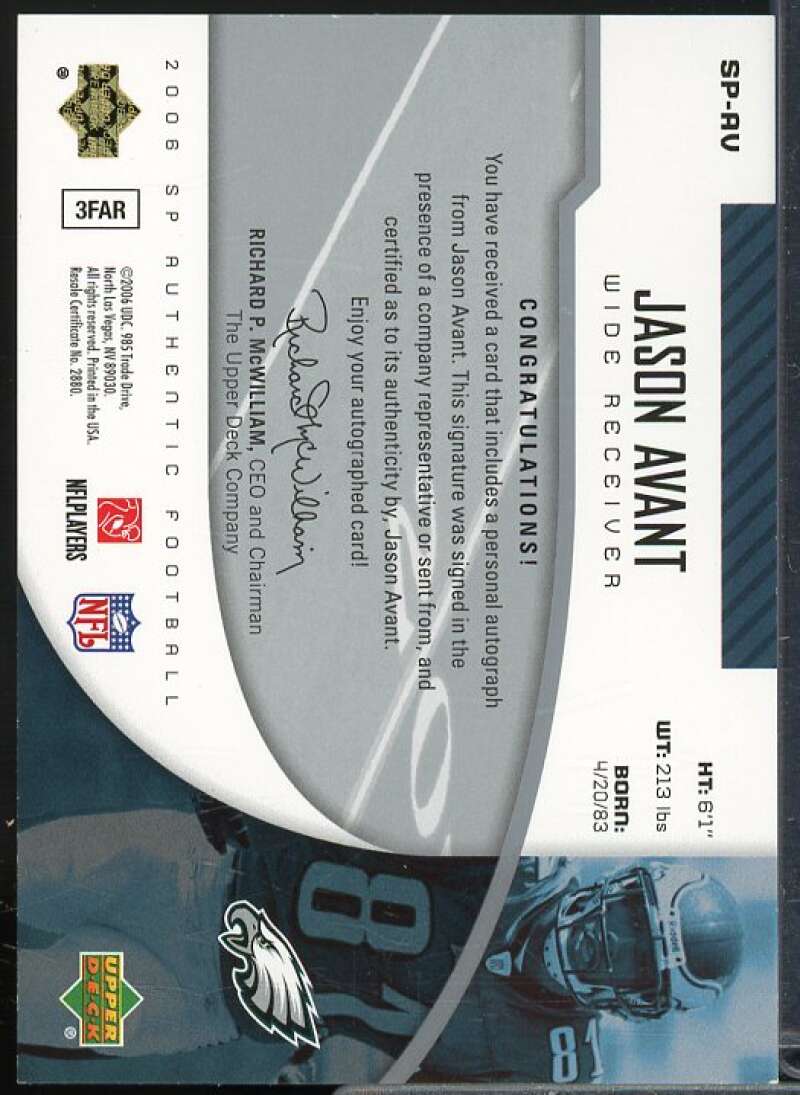 Jason Avant Rookie Card 2006 SP Authentic Authentics Autographs #SPAV  Image 2