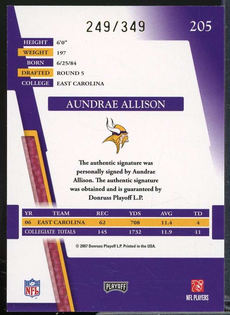 Aundrae Allison AU Rookie Card 2007 Absolute Memorabilia #205  Image 2