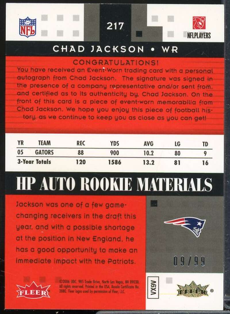 Chad Jackson FB AU Rookie Card 2006 Hot Prospects Red Hot #217  Image 2