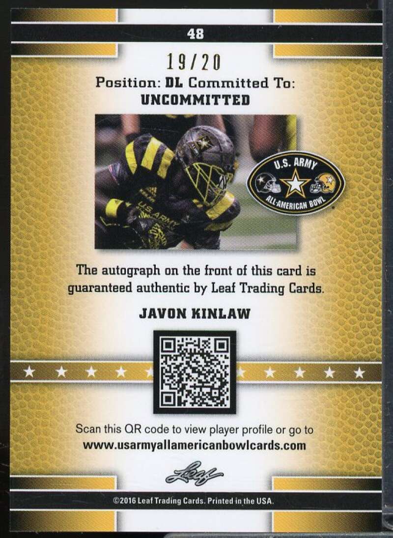 Javon Kinlaw/20 Card 2016 Leaf Army All-American Bowl Metal Autographs Pink #48  Image 2