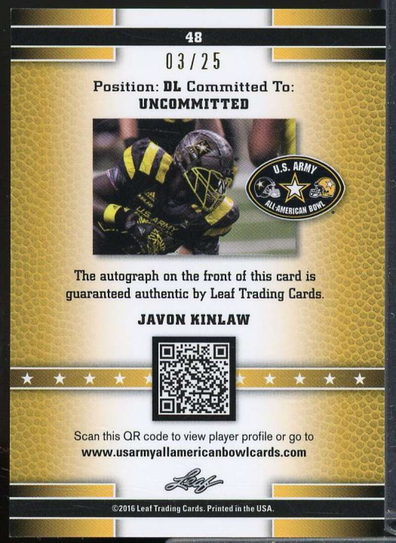 Javon Kinlaw/25 2016 Leaf Army All-American Bowl Metal Autographs Purple #48  Image 2