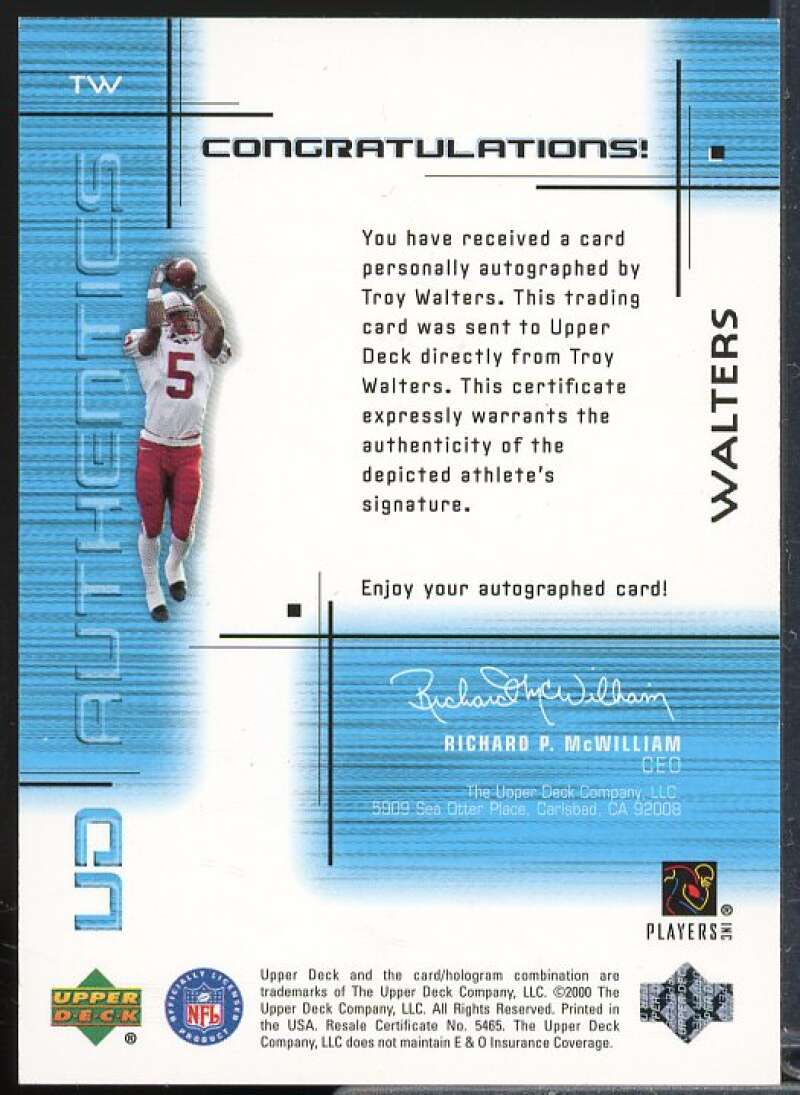 Troy Walters B Rookie Card 2000 UD Ionix UD Authentics #TW  Image 2