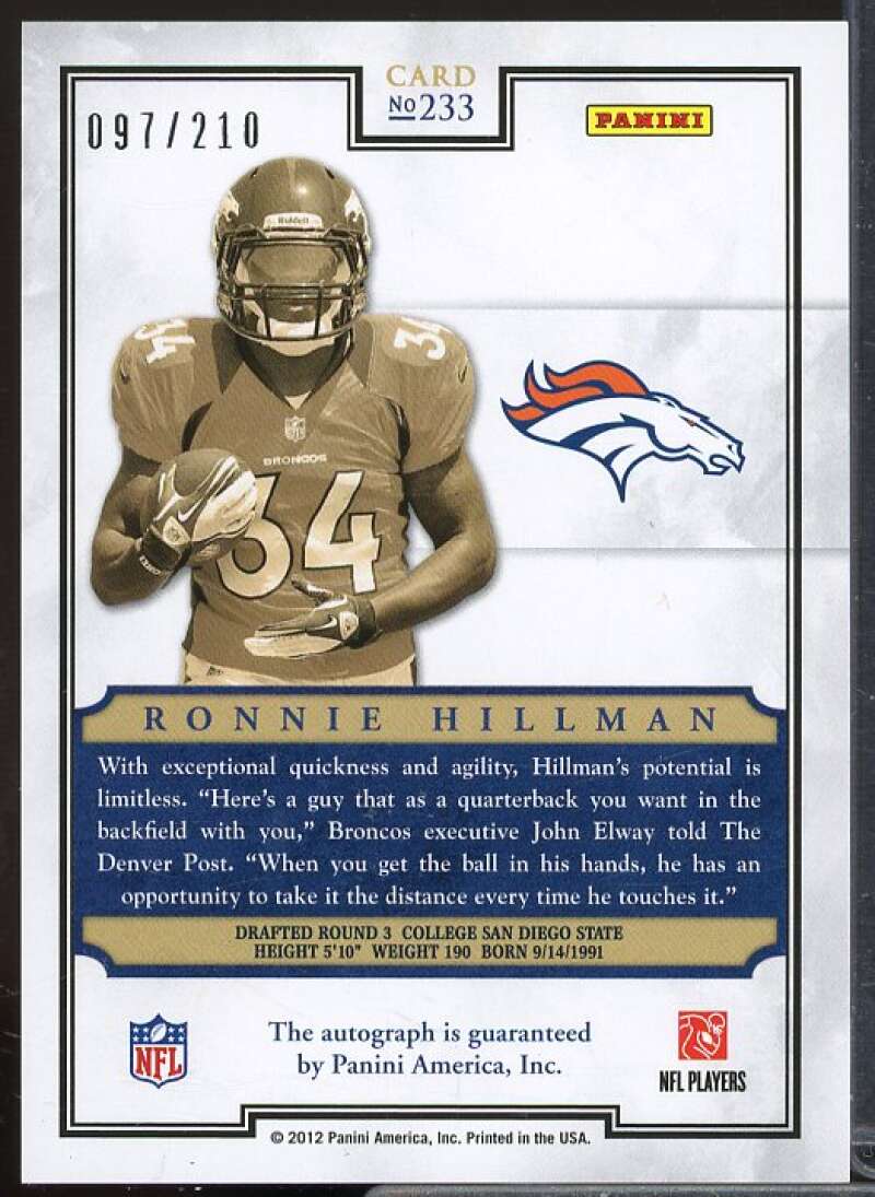 Ronnie Hillman Rookie 2012 Panini Prominence Rookie NFL Field Autographs #233  Image 2