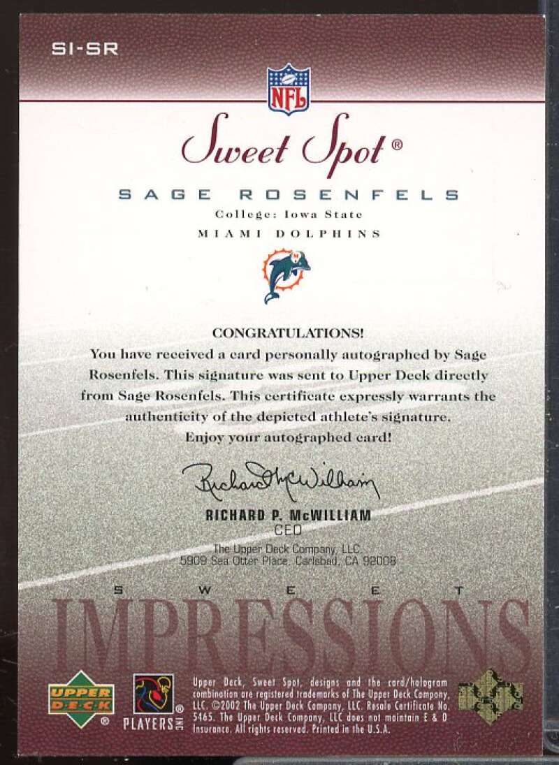 Sage Rosenfels/450 Rookie 2002 Sweet Spot Sweet Impressions Autographs #SISR  Image 2