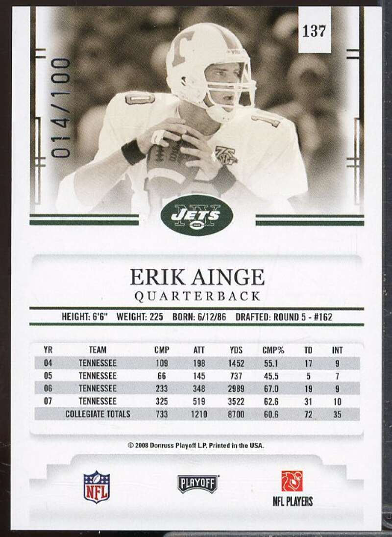 Erik Ainge/100 Rookie 2008 Playoff Prestige Draft Picks Rights Autographs #137  Image 2