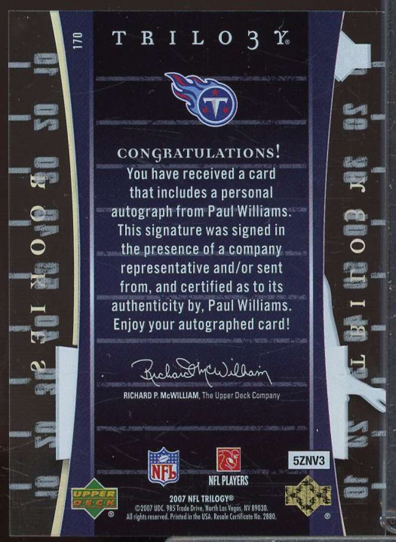 Paul Williams/133 Rookie Card 2007 Upper Deck Trilogy Rookie Autographs #170  Image 2