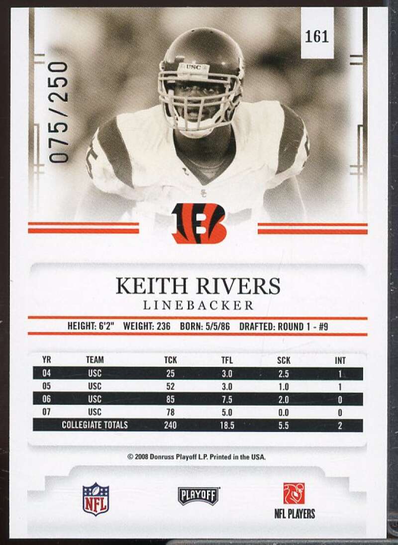 Keith Rivers/250 Rookie 2008 Playoff Prestige Draft Picks Rights Autograph #161  Image 2