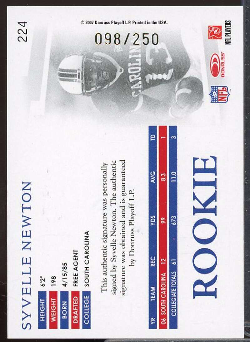 Syvelle Newton/250 Rookie Card 2007 Donruss Threads Rookie Autographs #224  Image 2