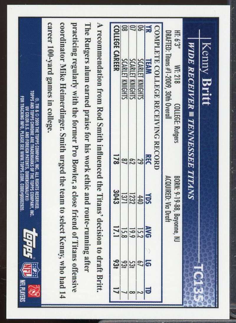 Kenny Britt C Rookie Card 2009 Topps Chrome Rookie Autographs #TC135  Image 2