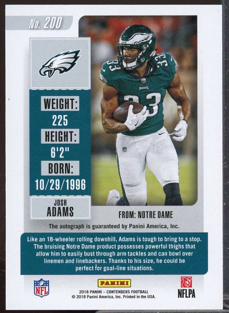 Josh Adams AU/99 Rookie Card 2018 Panini Contenders Playoff Ticket #200  Image 2