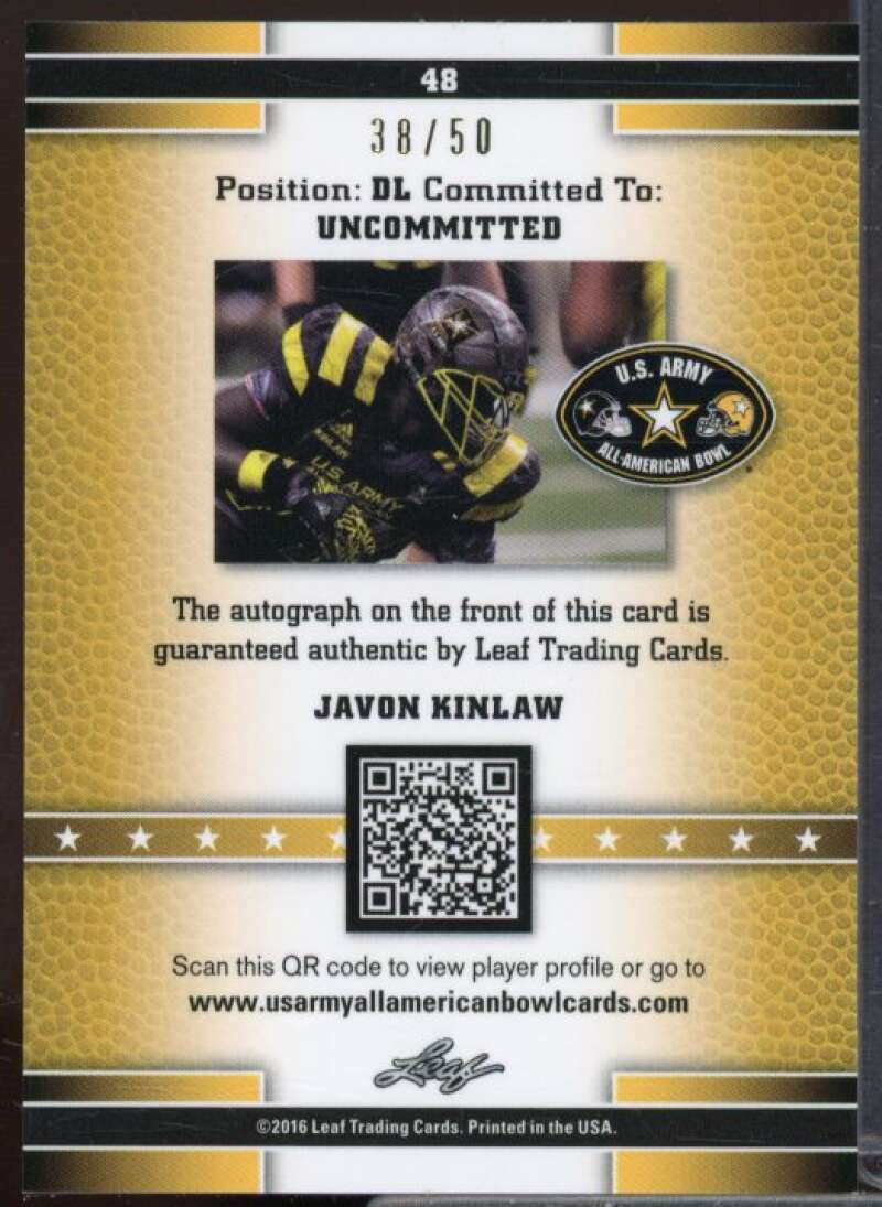 Javon Kinlaw Rookie 2016 Leaf Army All-American Bowl Metal Autographs Blue #48  Image 2