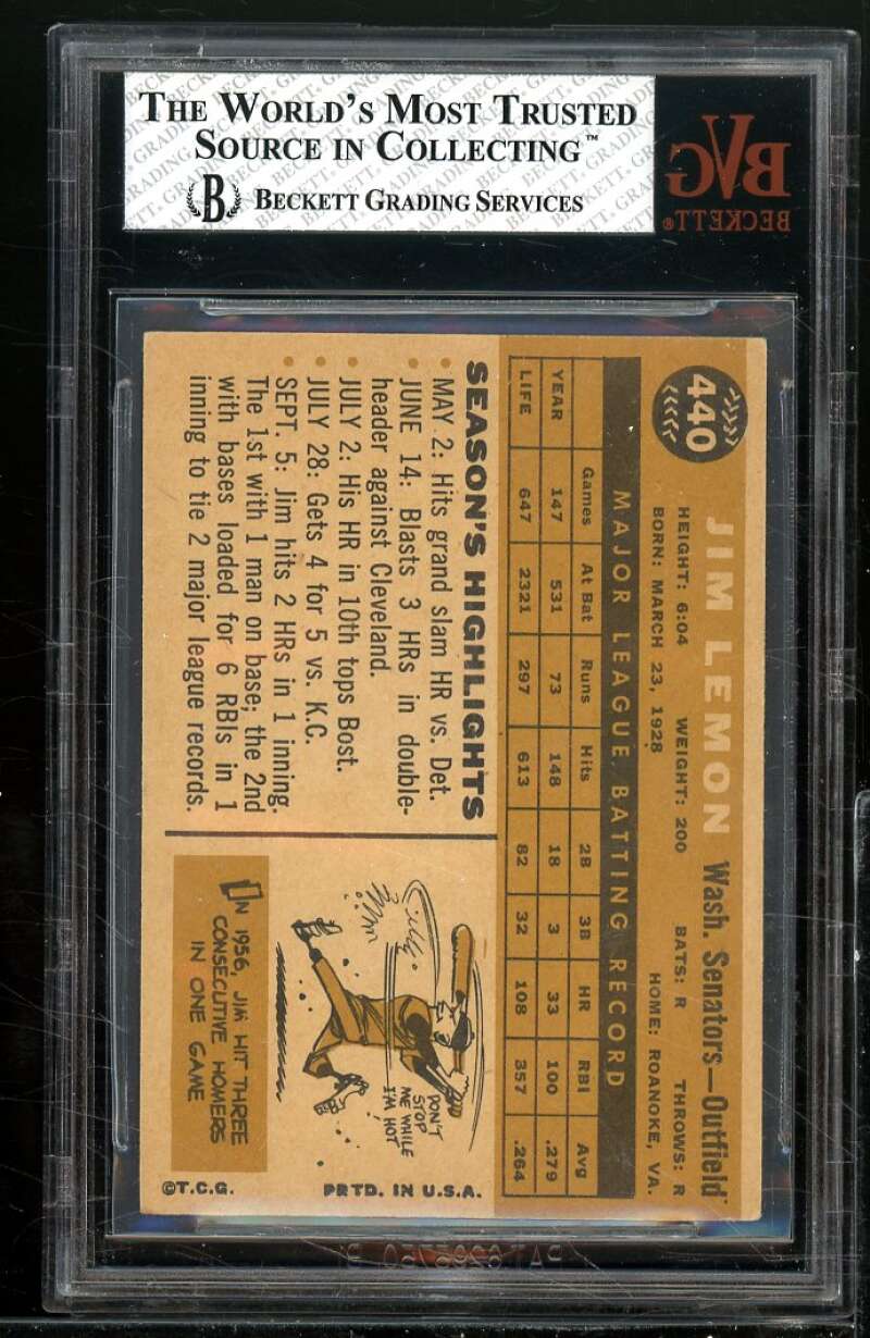 Jim Lemon Card 1960 Topps #440A BGS BVG 5.5 Image 2