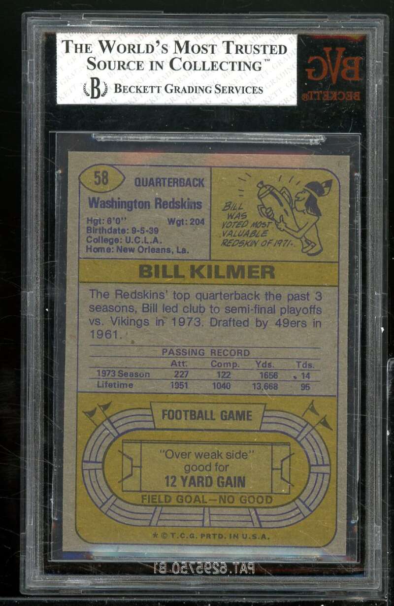 Billy Kilmer Card 1974 Topps #58 BGS BVG 6 Image 2