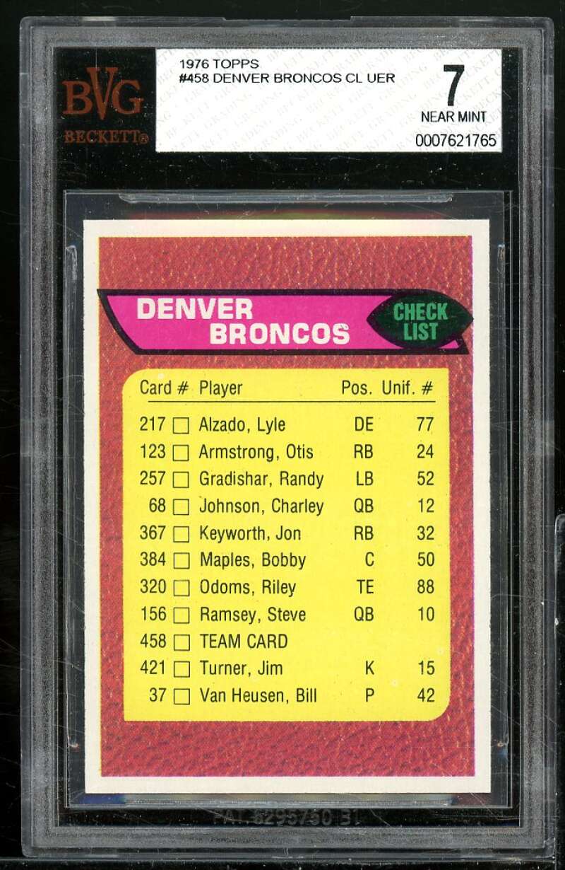 Denver Broncos Checklist Card 1976 Topps #458 BGS BVG 7 Image 1