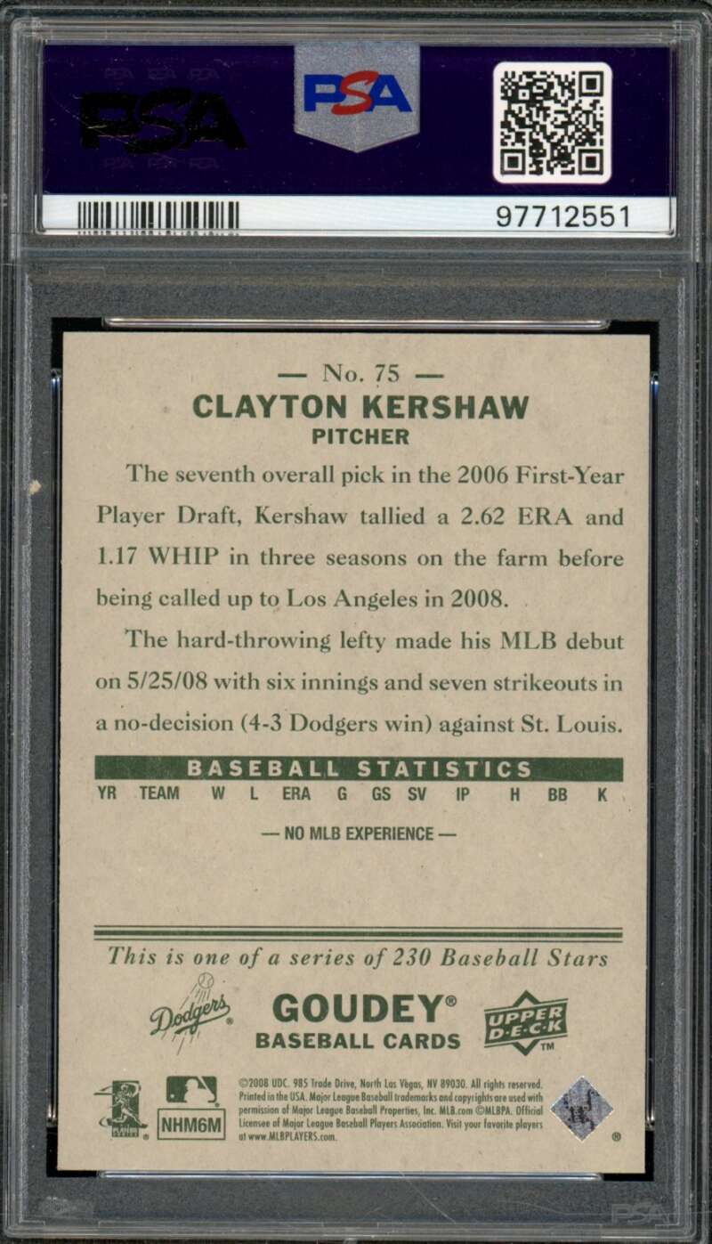 Clayton Kershaw Rookie Card 2008 Upper Deck Goudey #75 PSA 10 Image 2