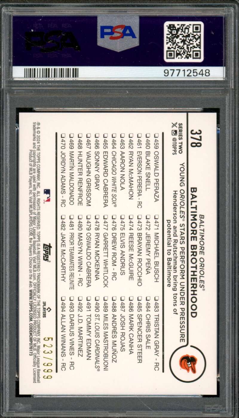 Adley Rutschman/Gunnar Henderson Card 2024 Topps Blue Foil (pop 2) #378 PSA 10 Image 2