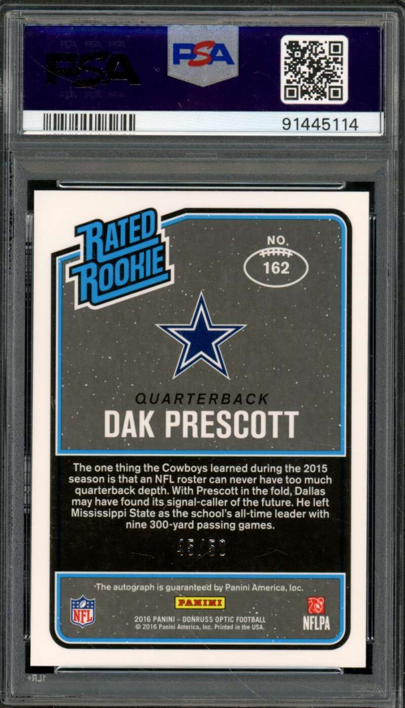 Dak Prescott Rookie 2016 Panini Donruss Optic Autographed Red (pop 8) #162 PSA 9 Image 2