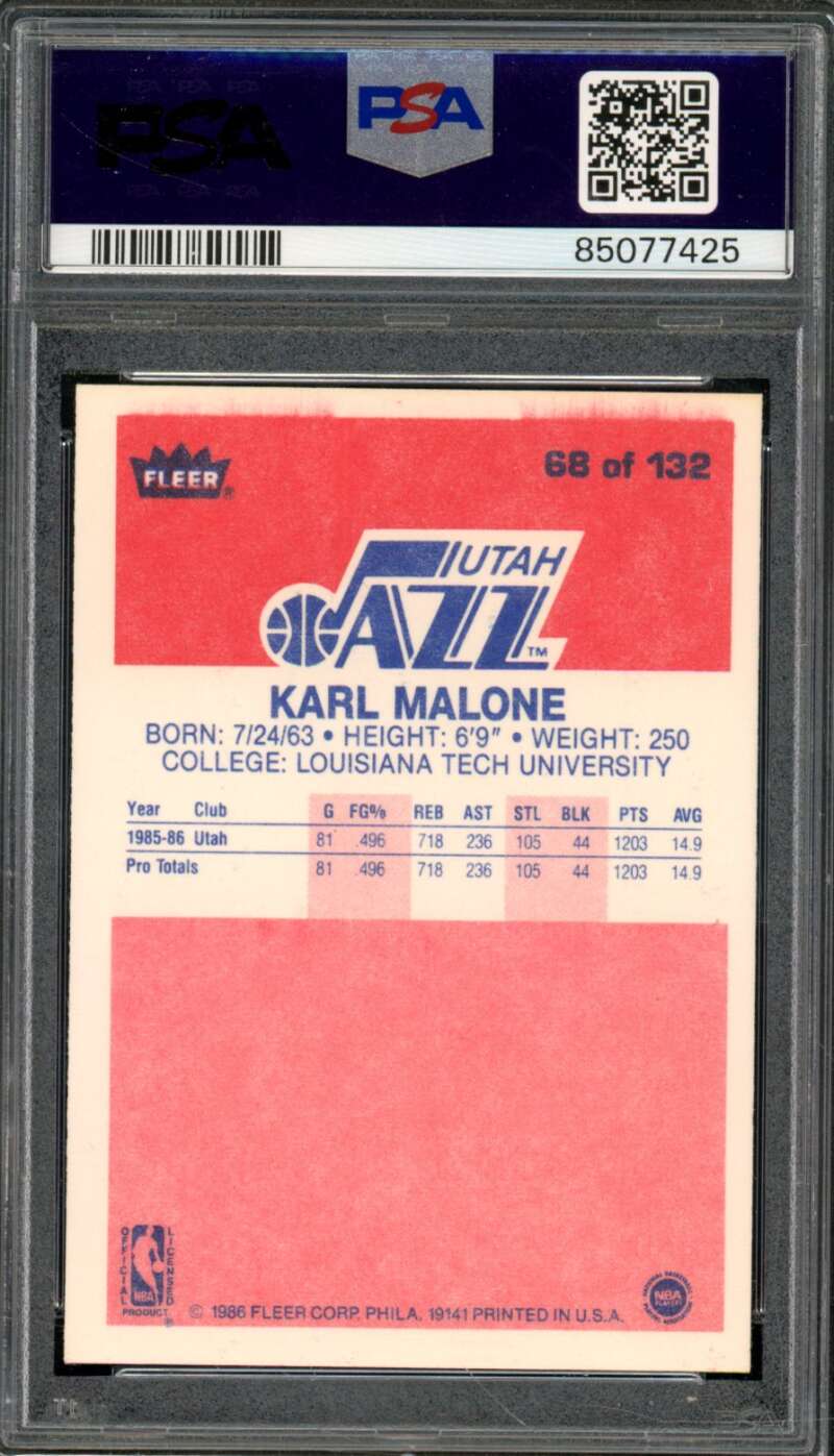 Karl Malone Rookie Card 1986-87 Fleer #68 PSA 9 Image 2