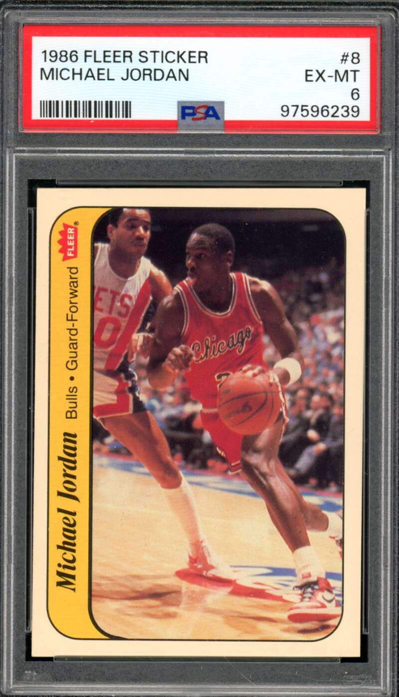 Michael Jordan Rookie Card 1986-87 Fleer Sticker #8 PSA 6 Image 1