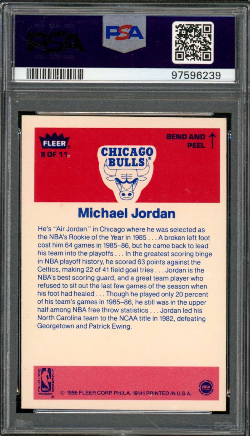 Michael Jordan Rookie Card 1986-87 Fleer Sticker #8 PSA 6 Image 2