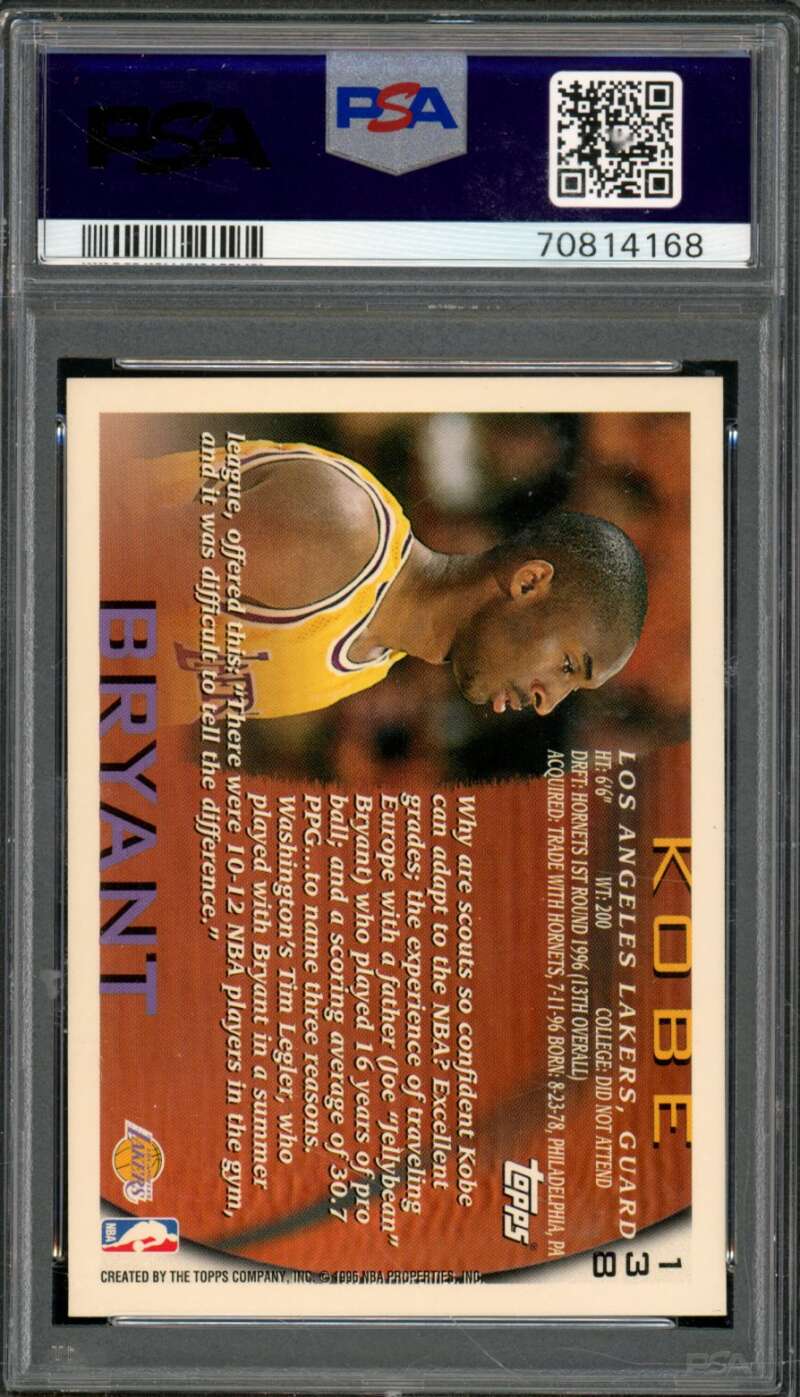 Kobe Bryant Rookie Card 1996-97 Topps #138 PSA 7 Image 2