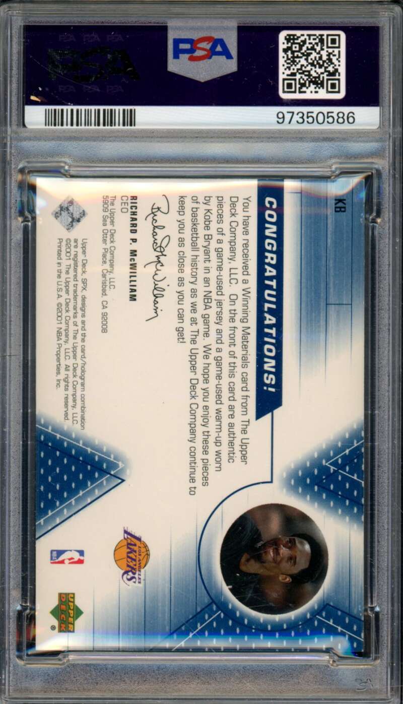 Kobe Bryant Card 2001-02 SPX Winning Materials Jersey/Warm Up #KB (pop 7) PSA 9 Image 2