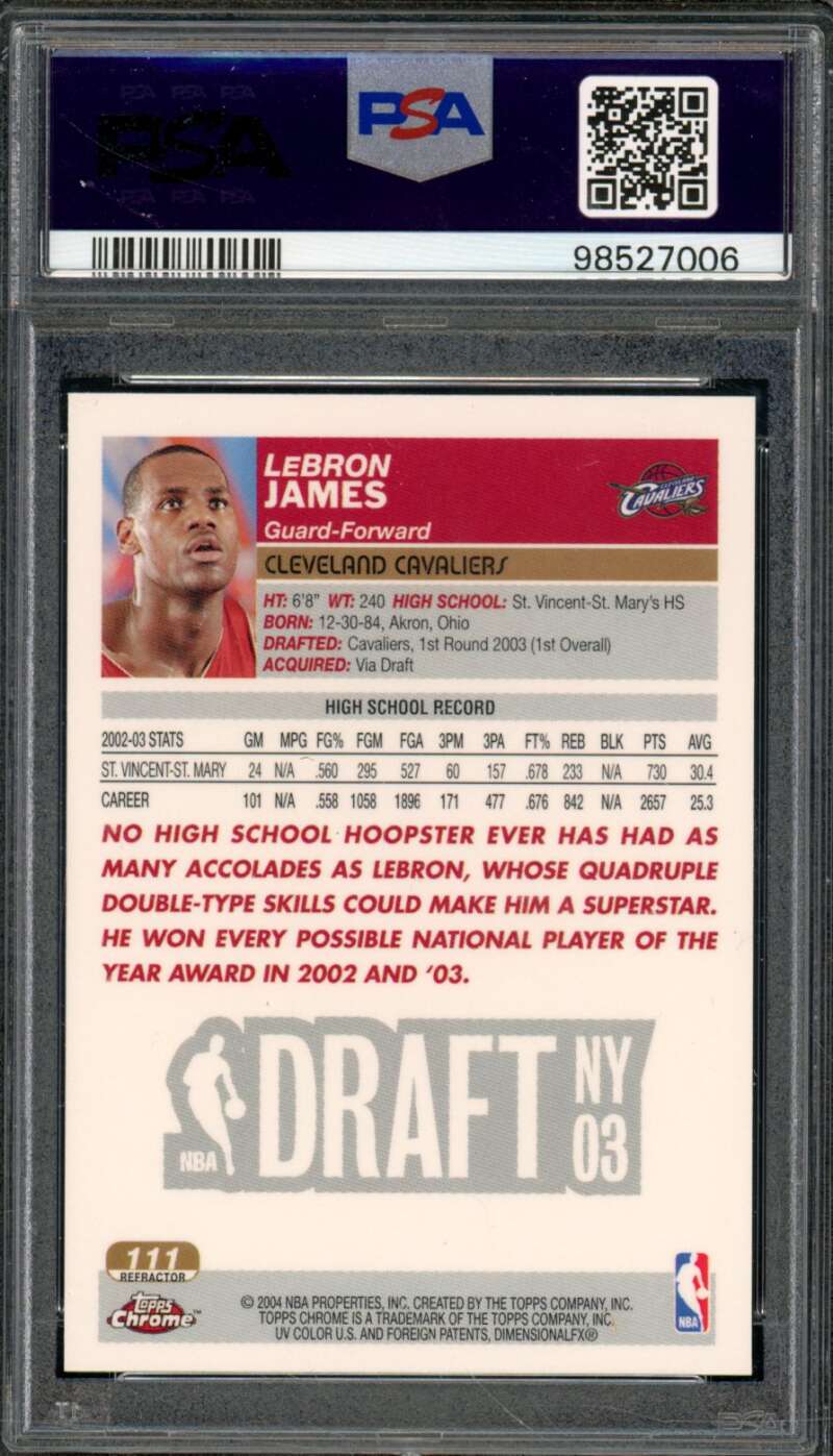 LeBron James Rookie Card 2003-04 Topps Chrome Refractor #111 PSA 9 Image 2