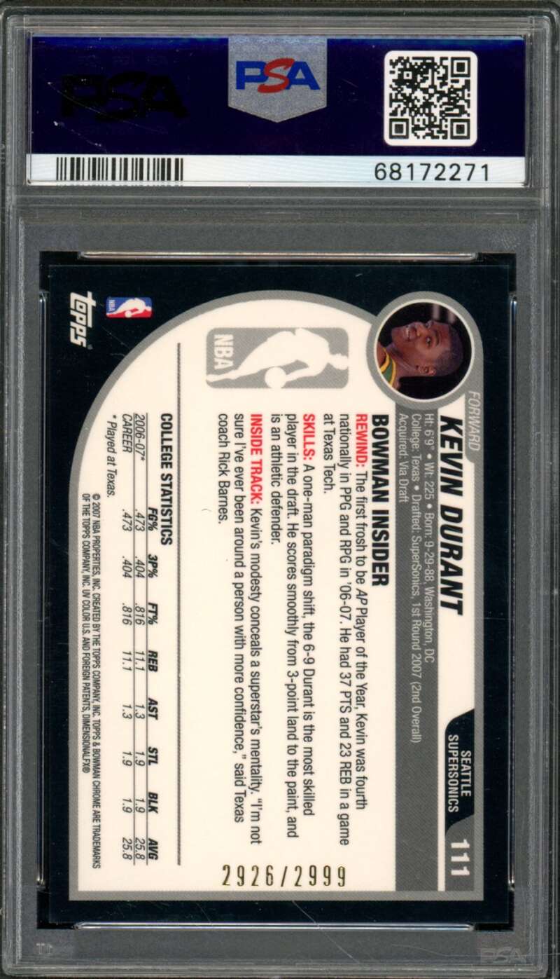 Kevin Durant Rookie Card 2007-08 Bowman Chrome #111 PSA 9 Image 2