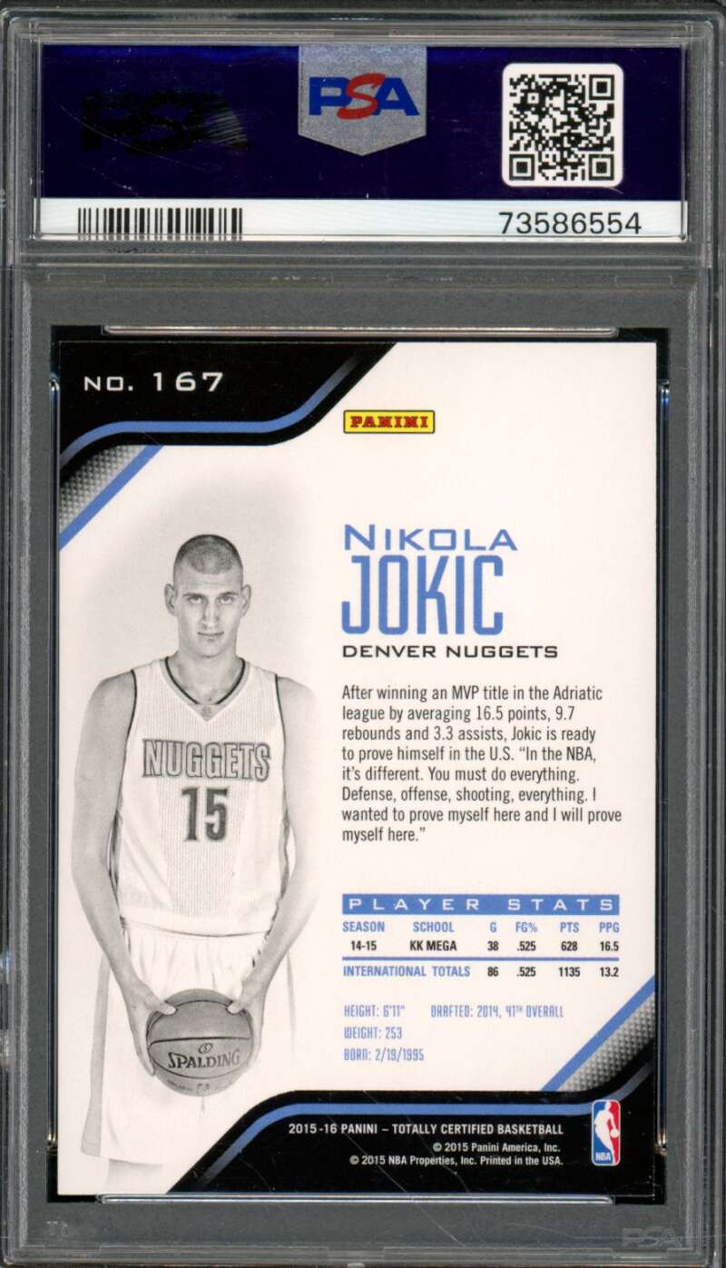 Nikola Jokic Rookie Card 2015-16 Panini Totally Certified #167 PSA 9 Image 2