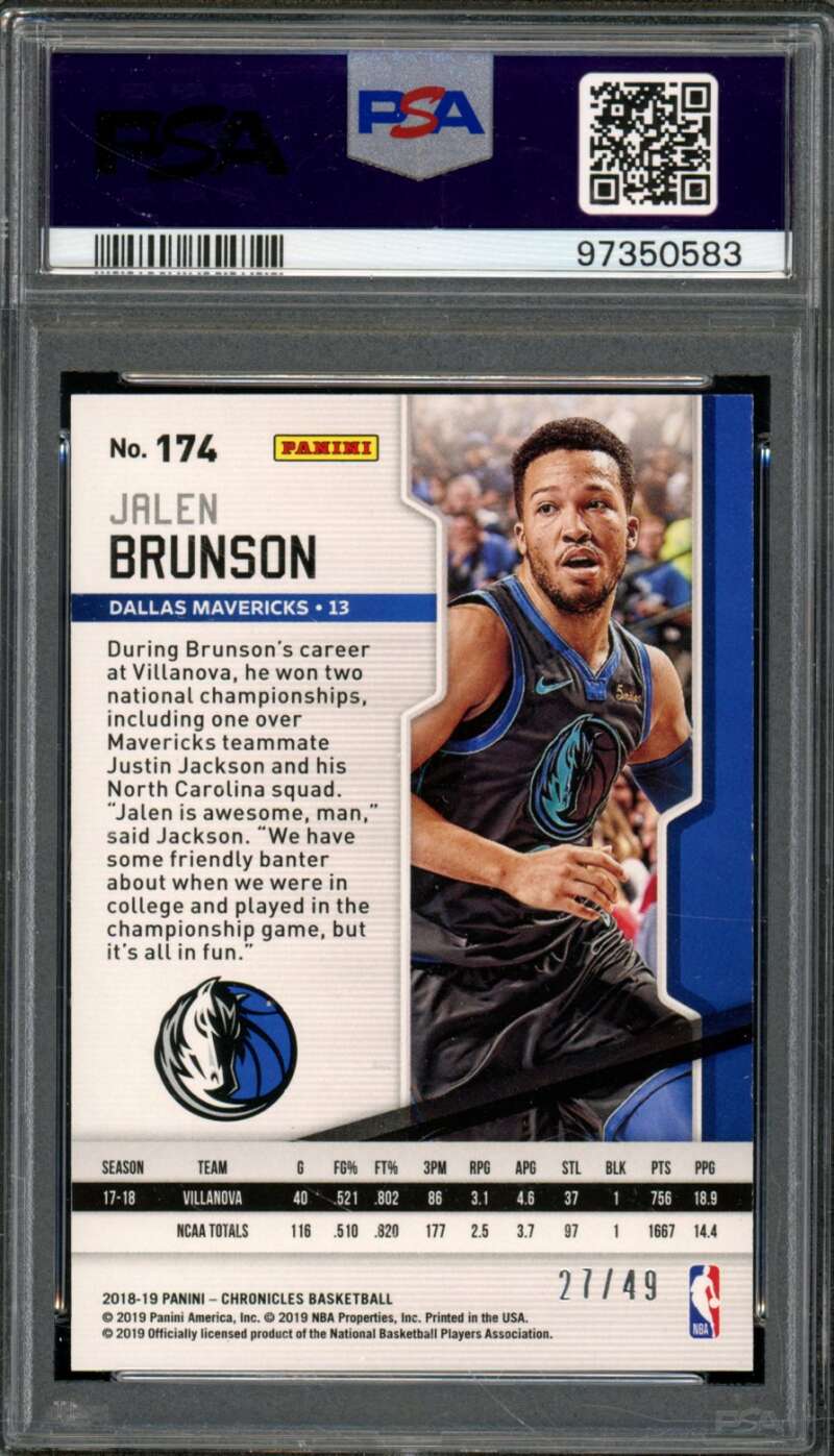 Jalen Brunson Rookie 2018-19 Panini Chronicles Purple (pop 1)(27/49) #174 PSA 10 Image 2