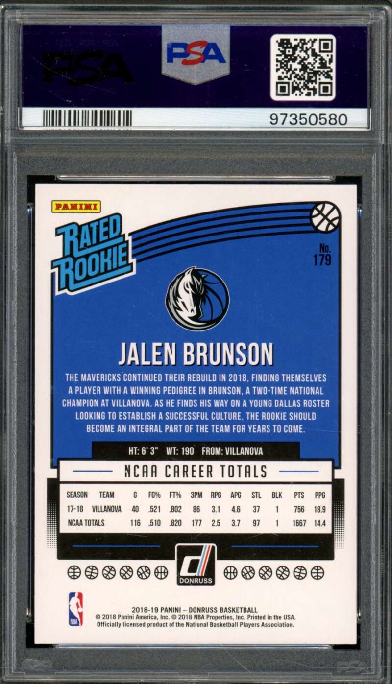 Jalen Brunson Rookie Card 2018-19 Panini Donruss Pink Laser (pop 5) #179 PSA 9 Image 2