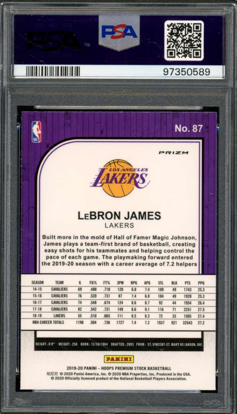 LeBron James Card 2019-20 Hoops Premium Stock #87 PSA 10 Image 2