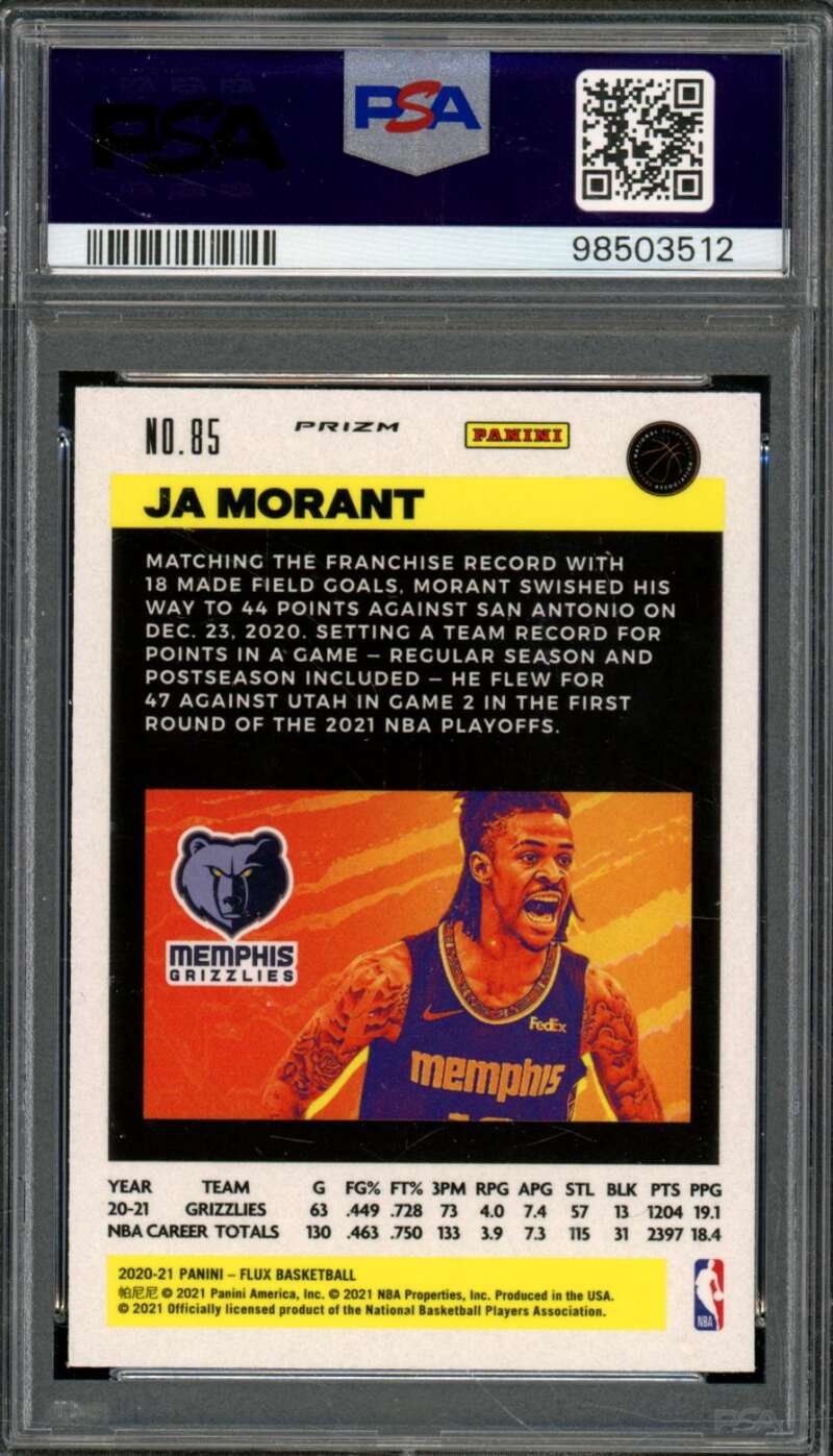 Ja Morant Card 2020-21 Panini Flux Light Blue #85 (pop 2) PSA 10 Image 2