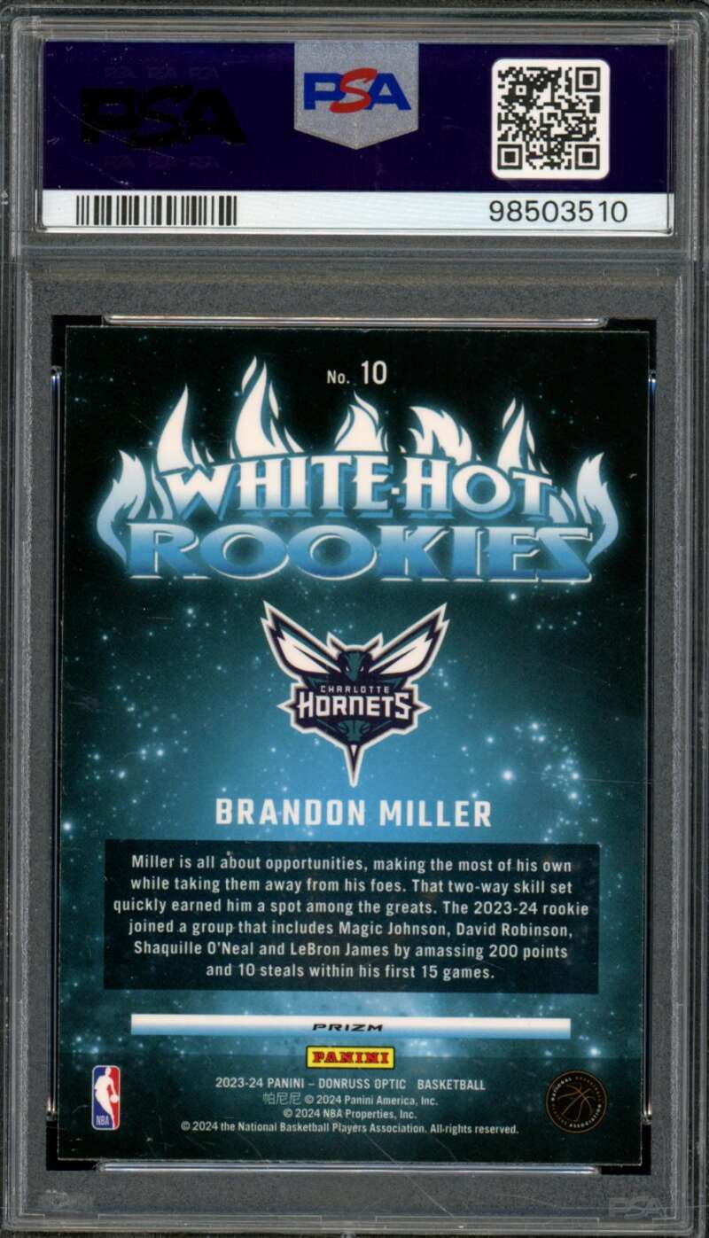 Brandon Miller Rookie 2023-24 Donruss Optic # White Hot Rookies-Purple PSA 10 Image 2