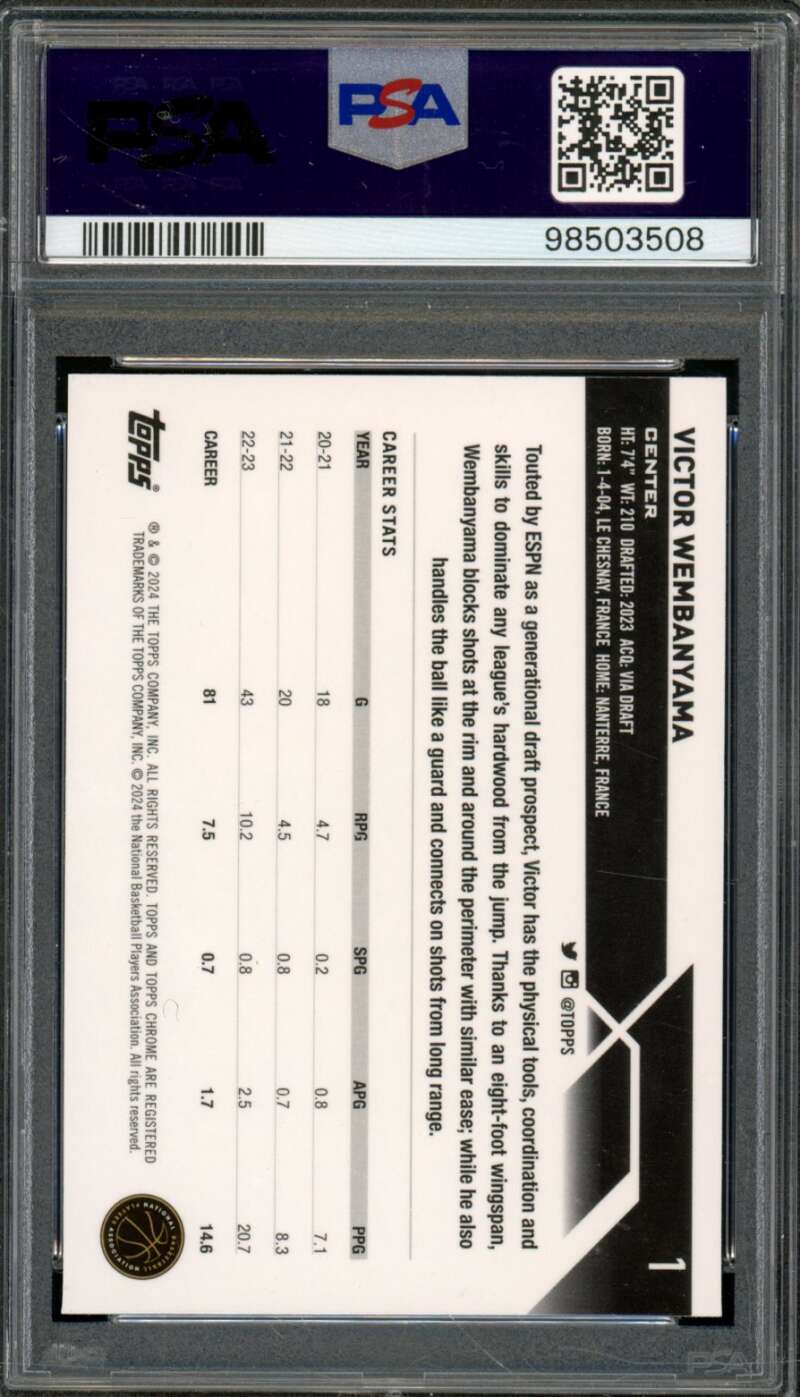 Victor Wembanyama Rookie Card 2023-24 Topps Chrome #1 PSA 8 Image 2