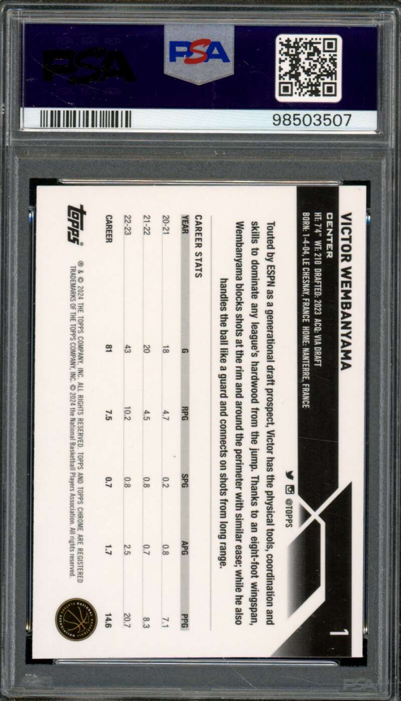 Victor Wembanyama Rookie Card 2023-24 Topps Chrome #1 PSA 9 Image 2