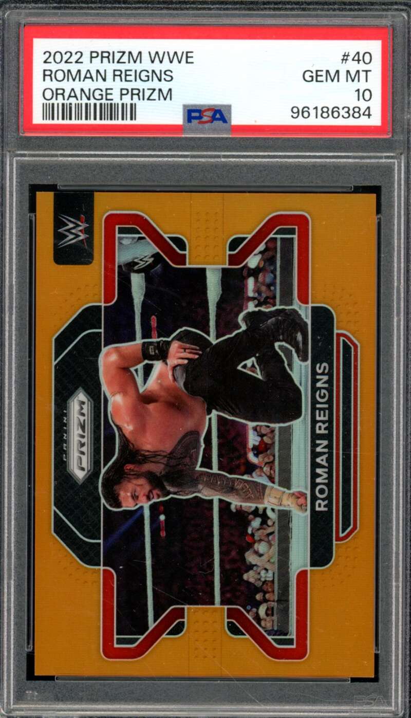 Roman Reigns Card 2022 Prizm WWE Orange Prizm (pop 7) #40 PSA 10 Image 1