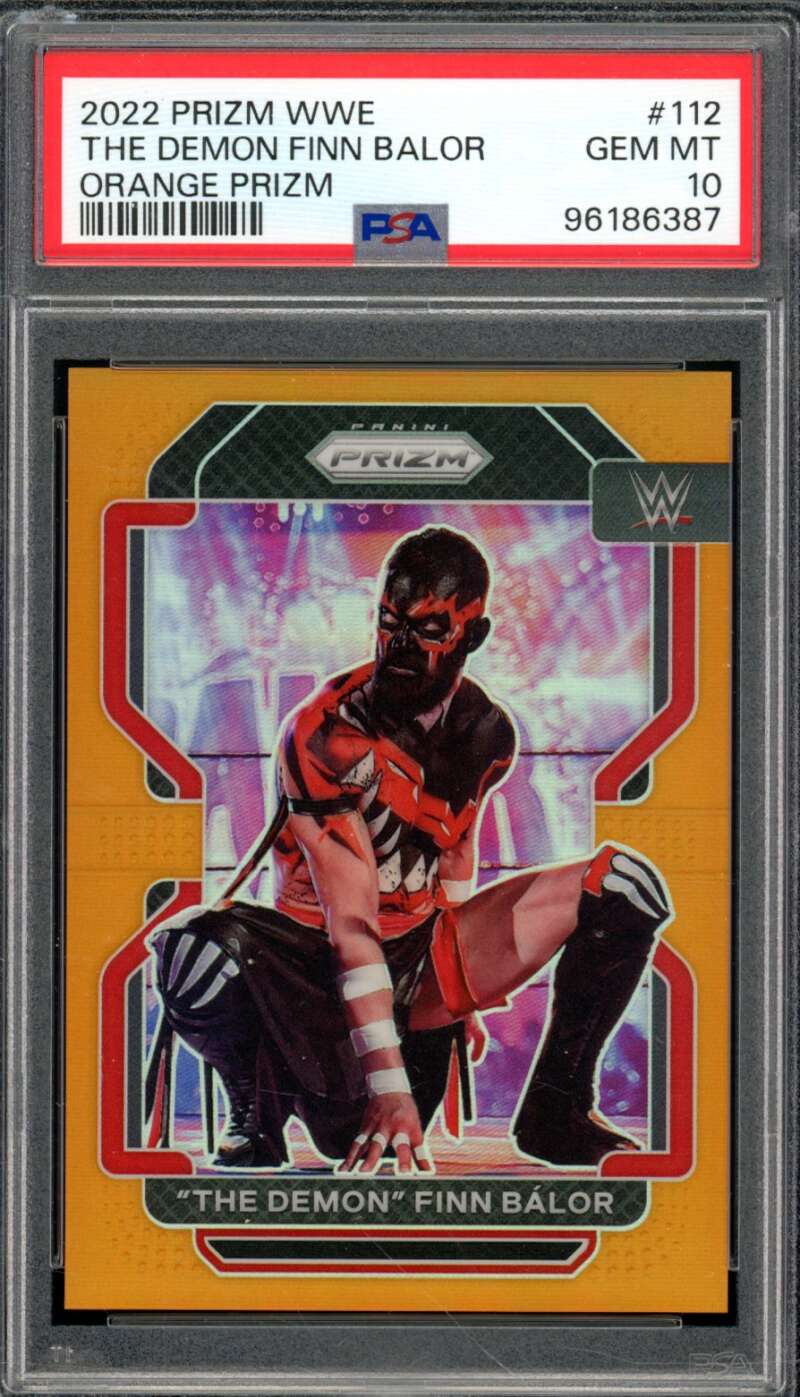 The Demon Finn Balor Card 2022 Prizm Orange Prizm (pop 3) #112 PSA 10 Image 1