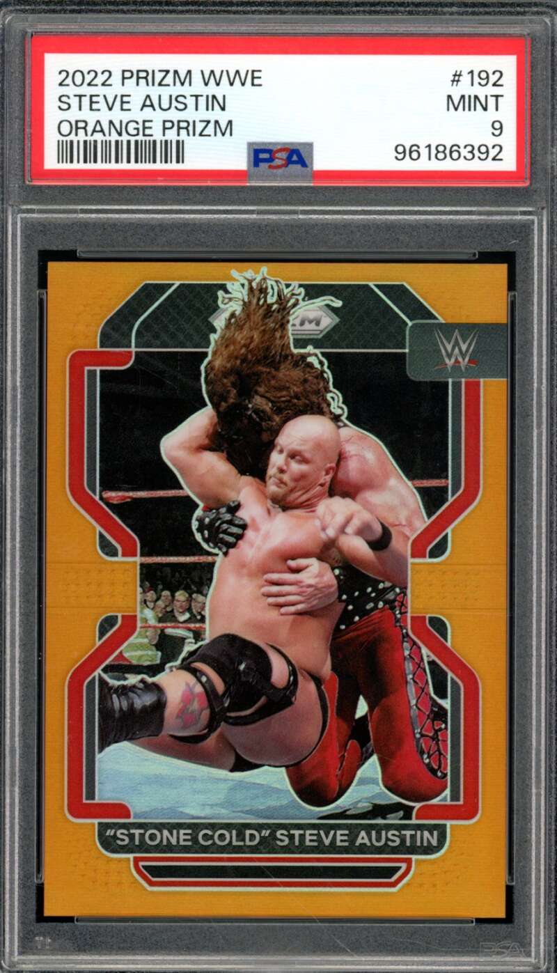 Steve Austin Card 2022 Prizm WWE Orange Prizm (pop 8) #192 PSA 9 Image 1