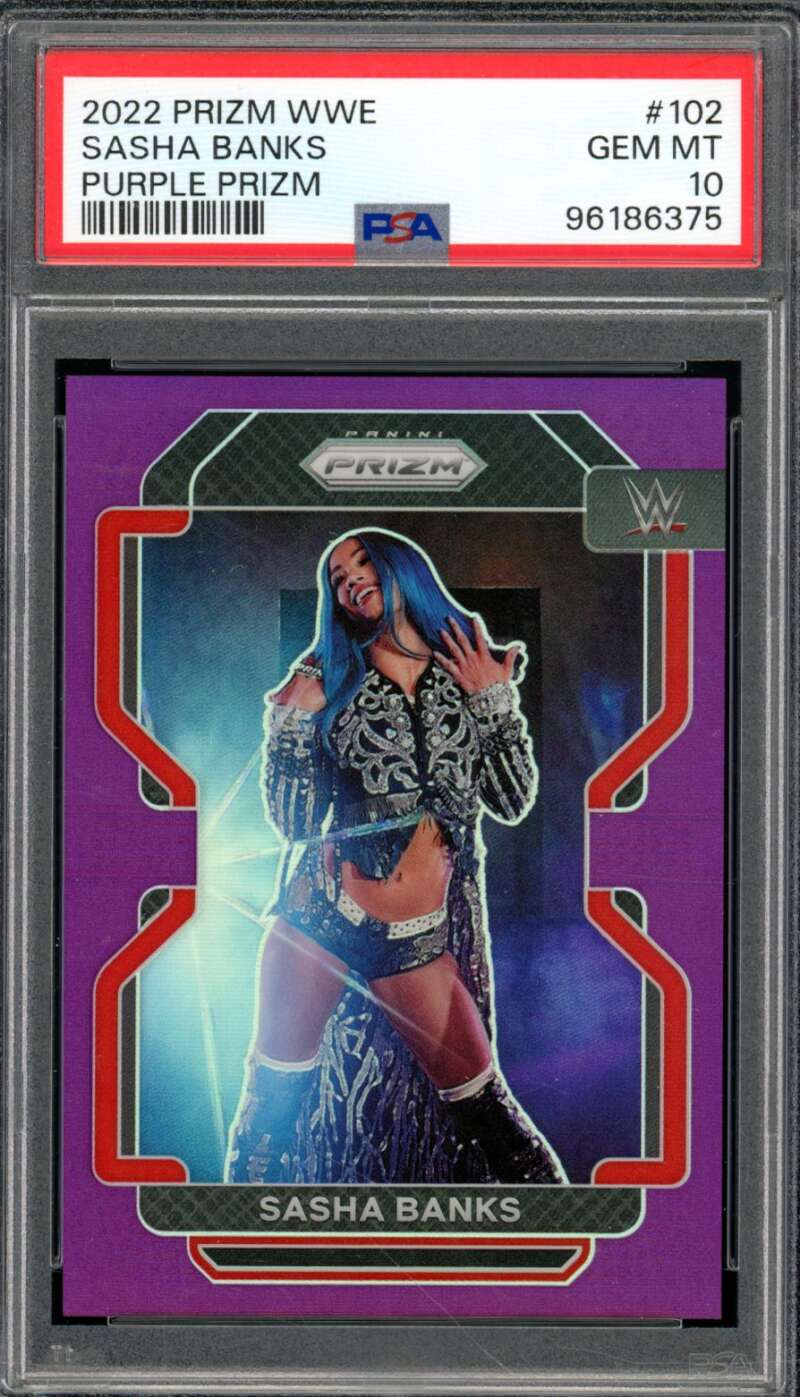 Sasha Banks Card 2022 Prizm WWE Purple Prizm (pop 3) #102 PSA 10 Image 1