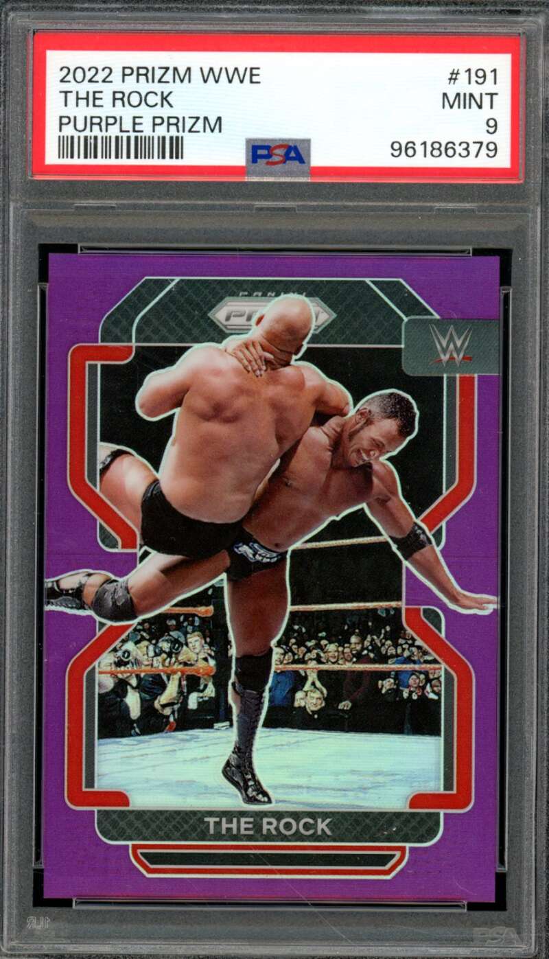 The Rock Card 2022 Prizm WWE Purple Prizm (pop 16) #191 PSA 9 Image 1