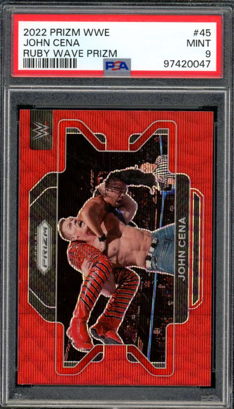 John Cena Card 2022 Prizm WWE Ruby Wave Prizm (pop 9) #45 PSA 9 Image 1