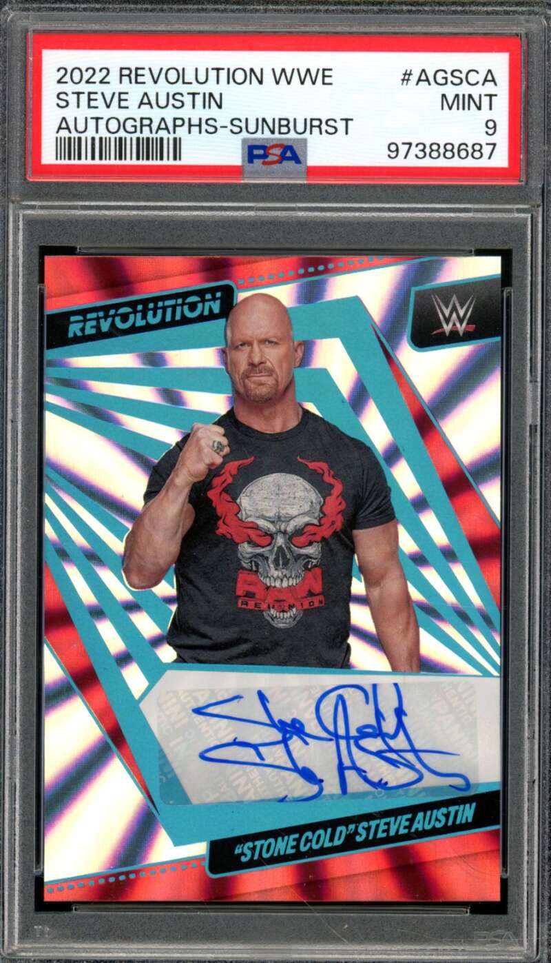 Steve Austin Card 2022 Revolution WWE Autographs-Sunburst (pop 9) #Agsca PSA 9 Image 1