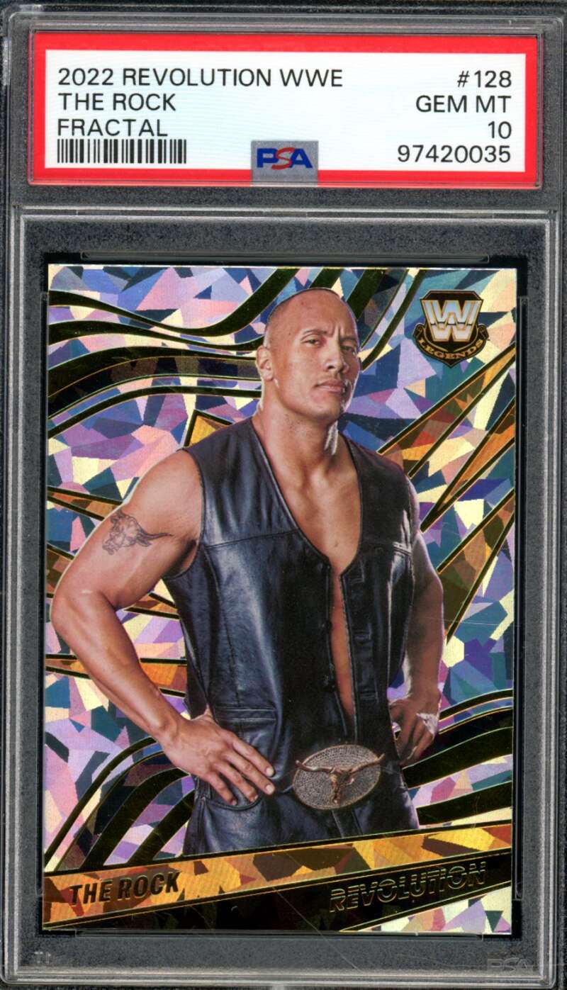 The Rock Card 2022 Revolution WWE Fractial (pop 5) #128 PSA 10 Image 1