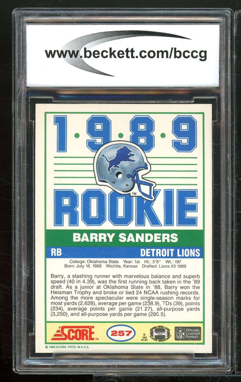 1989 Score #257 Barry Sanders Rookie Card BGS BCCG 9 Near Mint+ Image 2